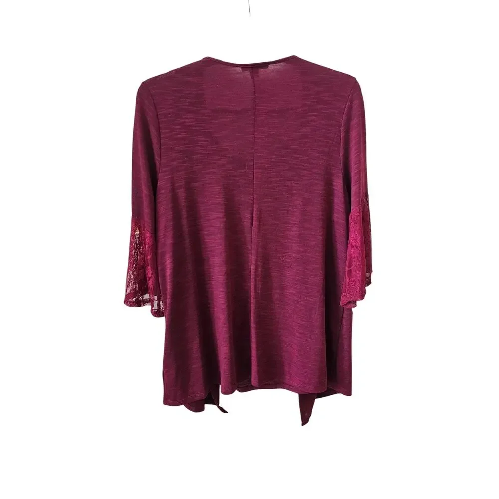 Studio Works Women's Lace Detail Wine Glace Cardigan & Necklace Set - Size 1X